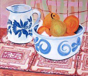 स्थिर जीवन; ब्लू और व्हाइट बाउल और जग; gouache
